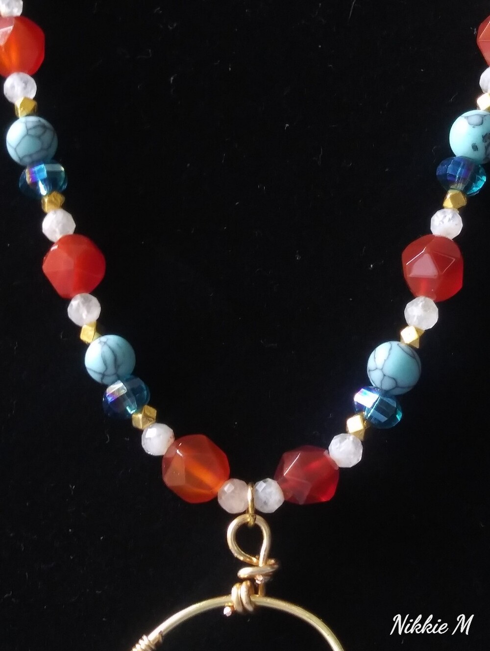 Synthetic Turquoise and Carnelian Beaded Necklace with Gold Double-Ring Pendant - Picture 3 of 4